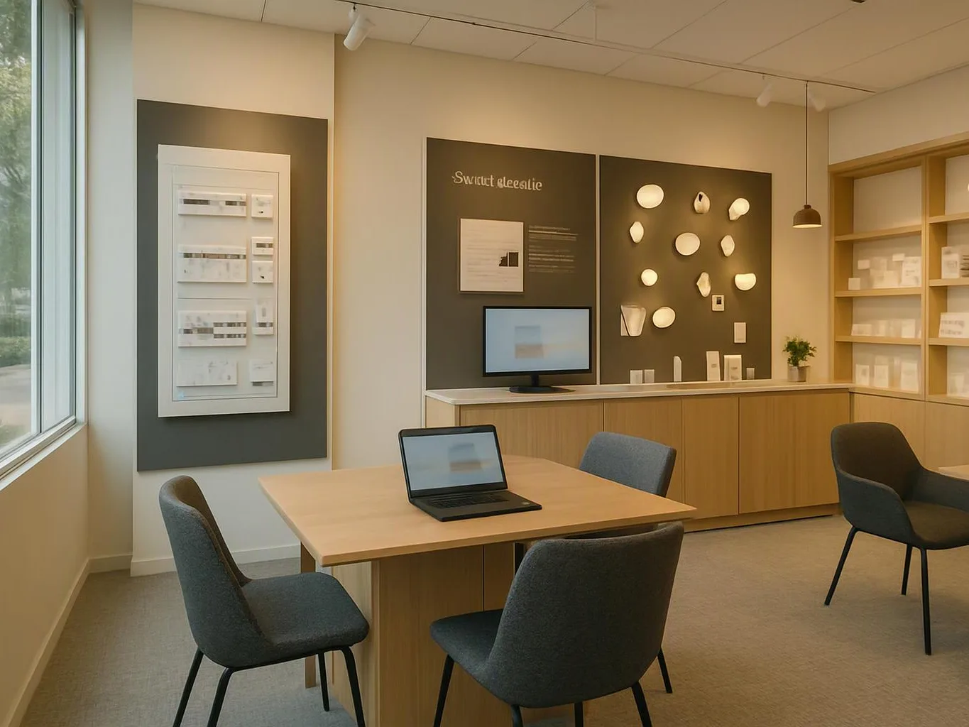 A bright showroom displays cabinets, wall-mounted samples, a table with a laptop, and several chairs