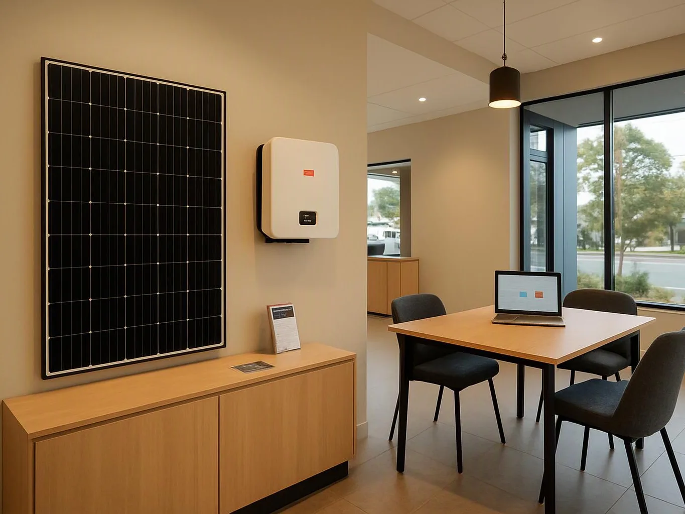 A bright showroom displays a solar panel, wall-mounted inverter, table, chairs, and an open laptop by large windows