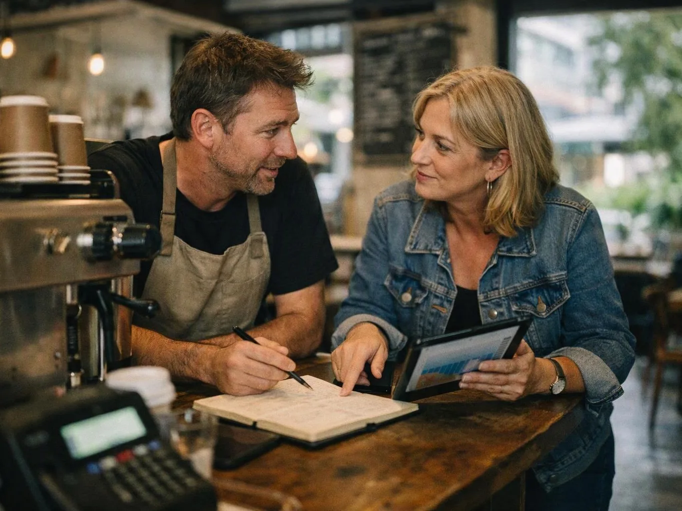 A café worker and a woman review notes together beside an espresso machine in a cozy coffee shop