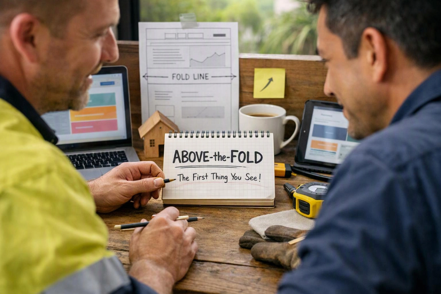 Two men discuss a desk setup with laptops, tools, and a notebook showing “ABOVE-the-FOLD” and “The First Thing You See!”