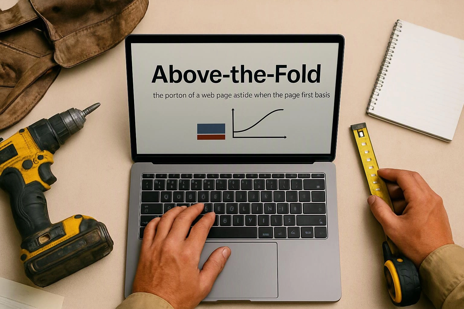 Hands type on a laptop showing “Above-the-Fold,” with a drill, tape measure, gloves, and a notebook on a desk