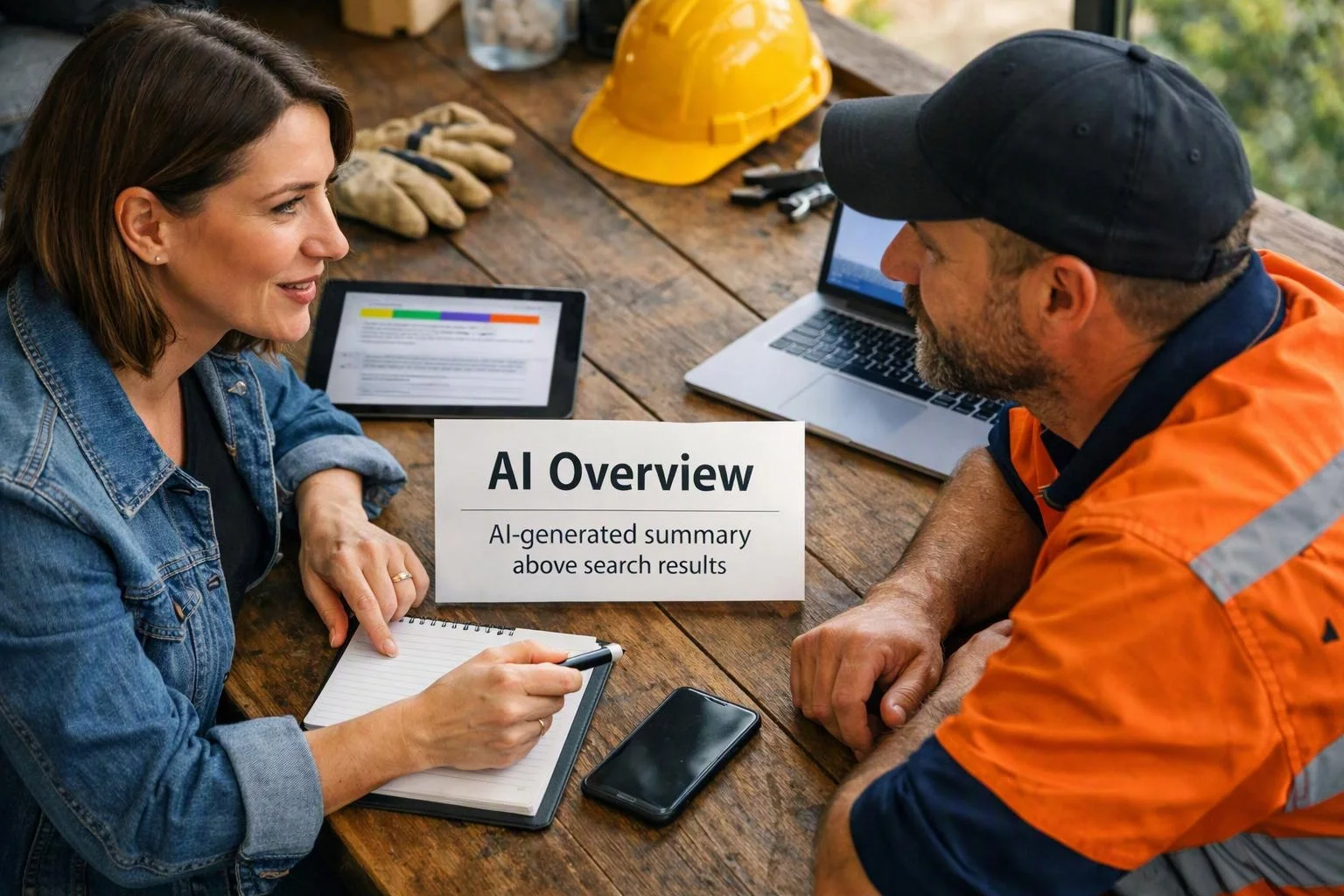 Two people talk over a wooden table with laptops, a notebook, gloves, a hard hat, and a sign reading "AI Overview"