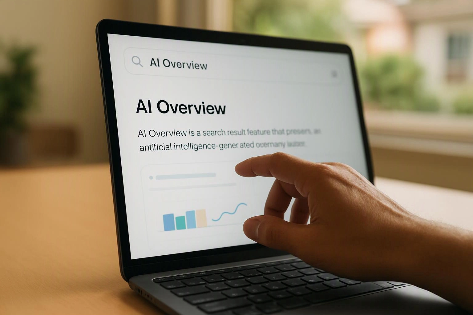 A hand points at a laptop screen showing an “AI Overview” page with charts and text