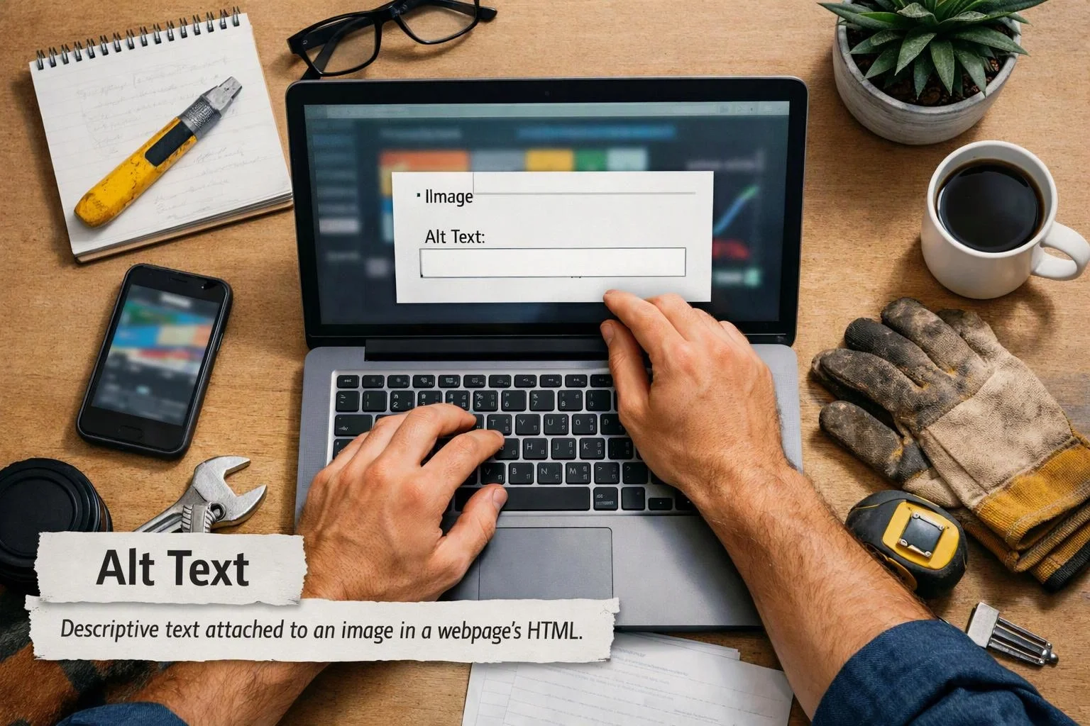 Hands type on a laptop showing an alt text form, surrounded by tools, coffee, phone, notebook, glasses, and gloves