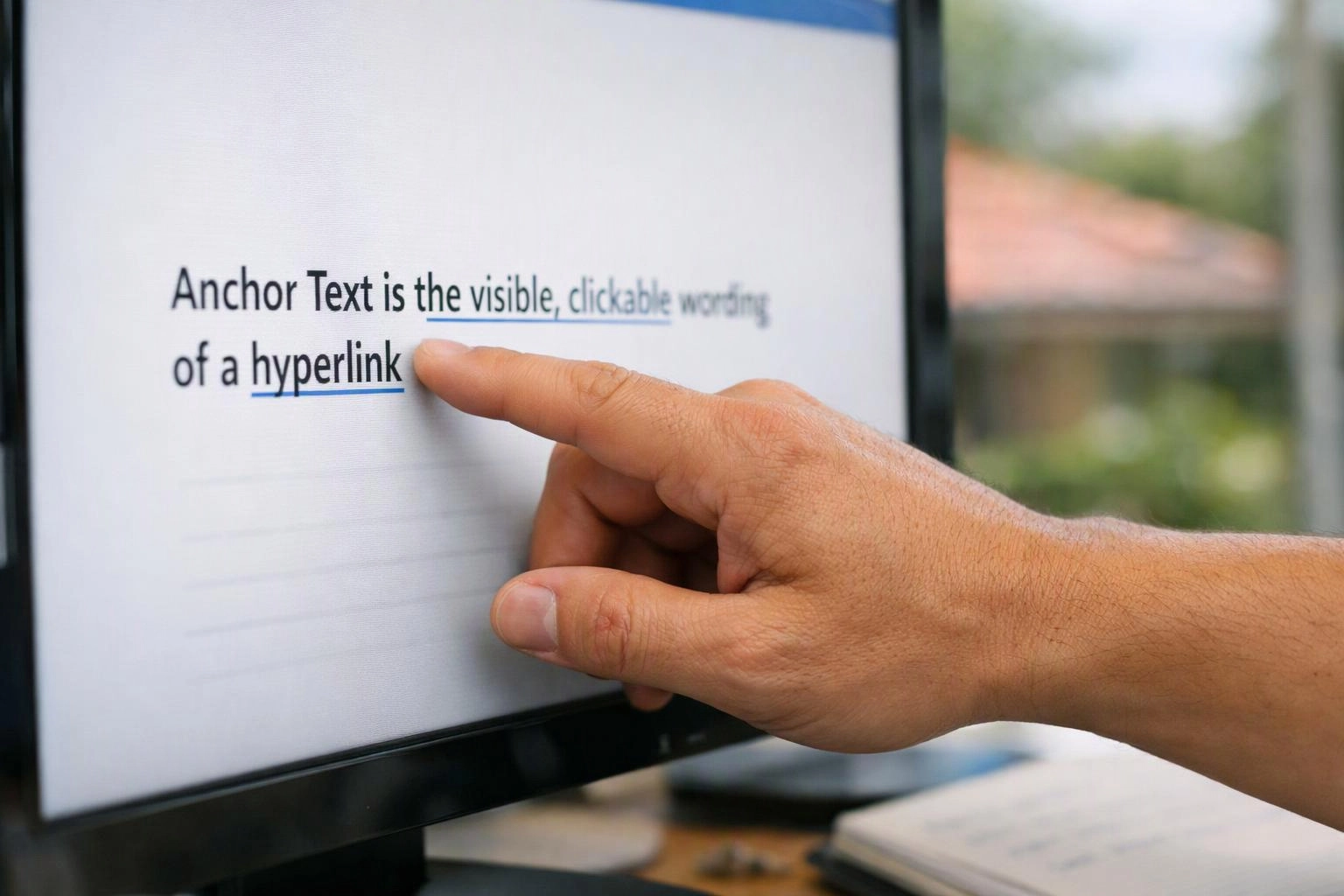 A hand points at a computer screen showing the words, “Anchor Text” and “hyperlink”