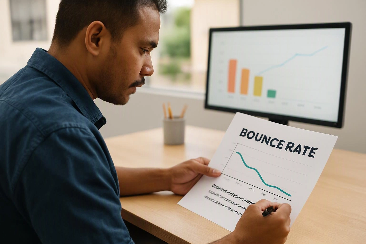 A man studies a bounce rate chart at a desk while a monitor shows colorful graphs behind him