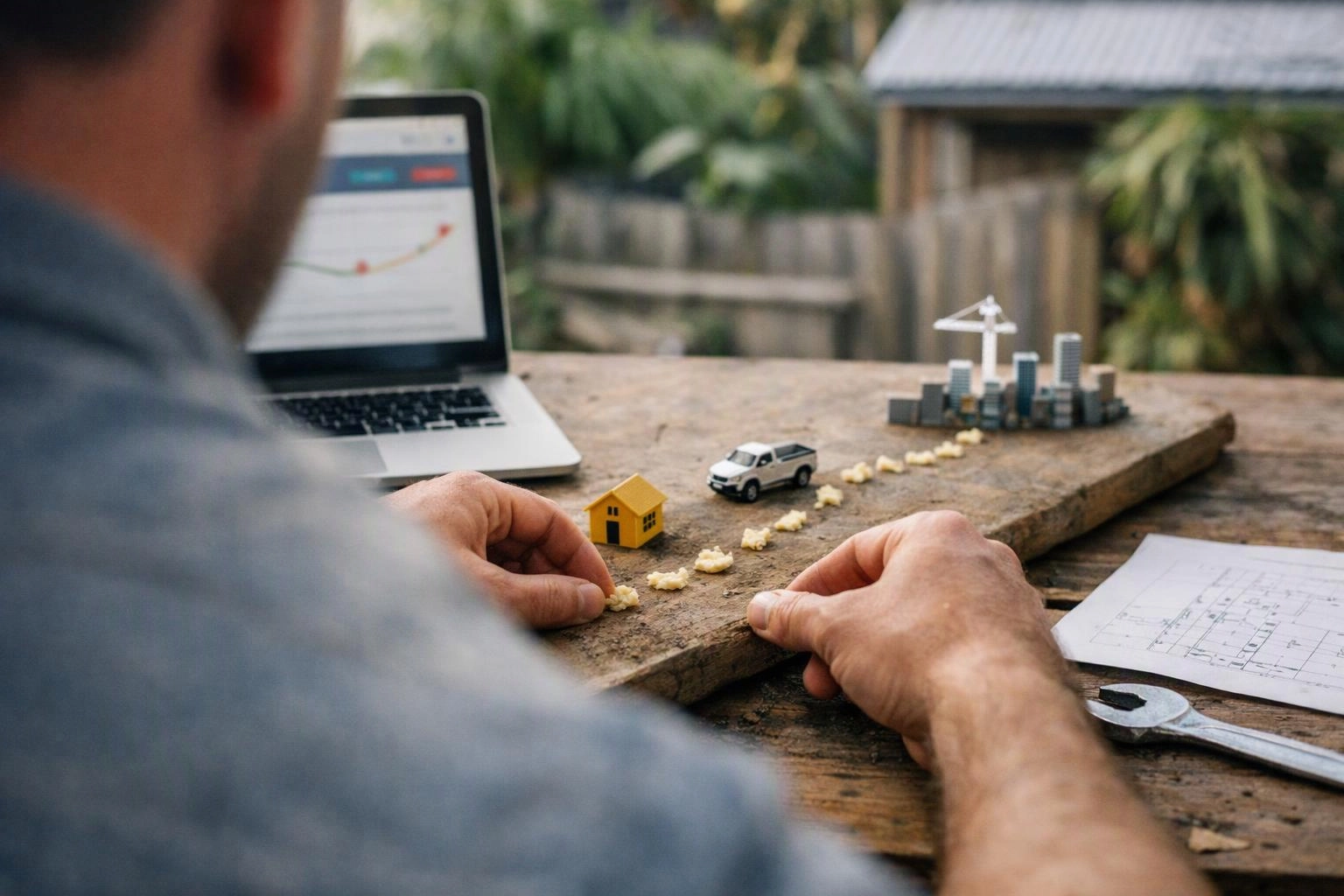 A person arranges tiny house, car, and city models on a wooden table beside a laptop and plans