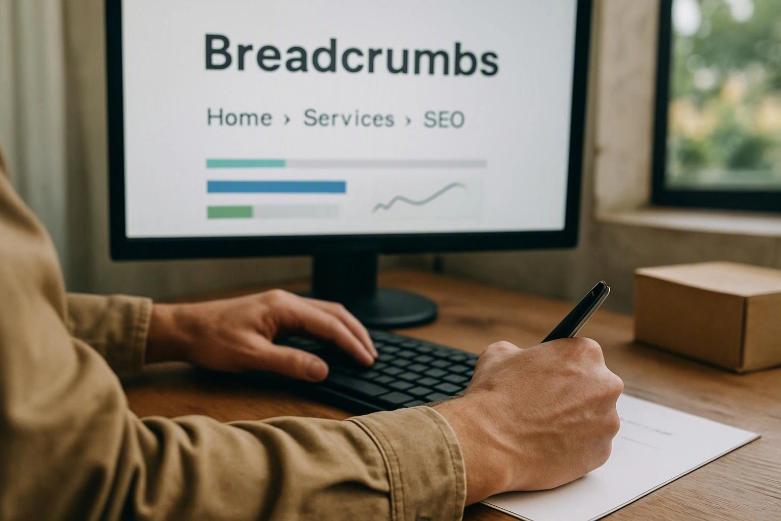 A person writes on paper beside a keyboard, while a monitor shows “Breadcrumbs” and “Home > Services > SEO”