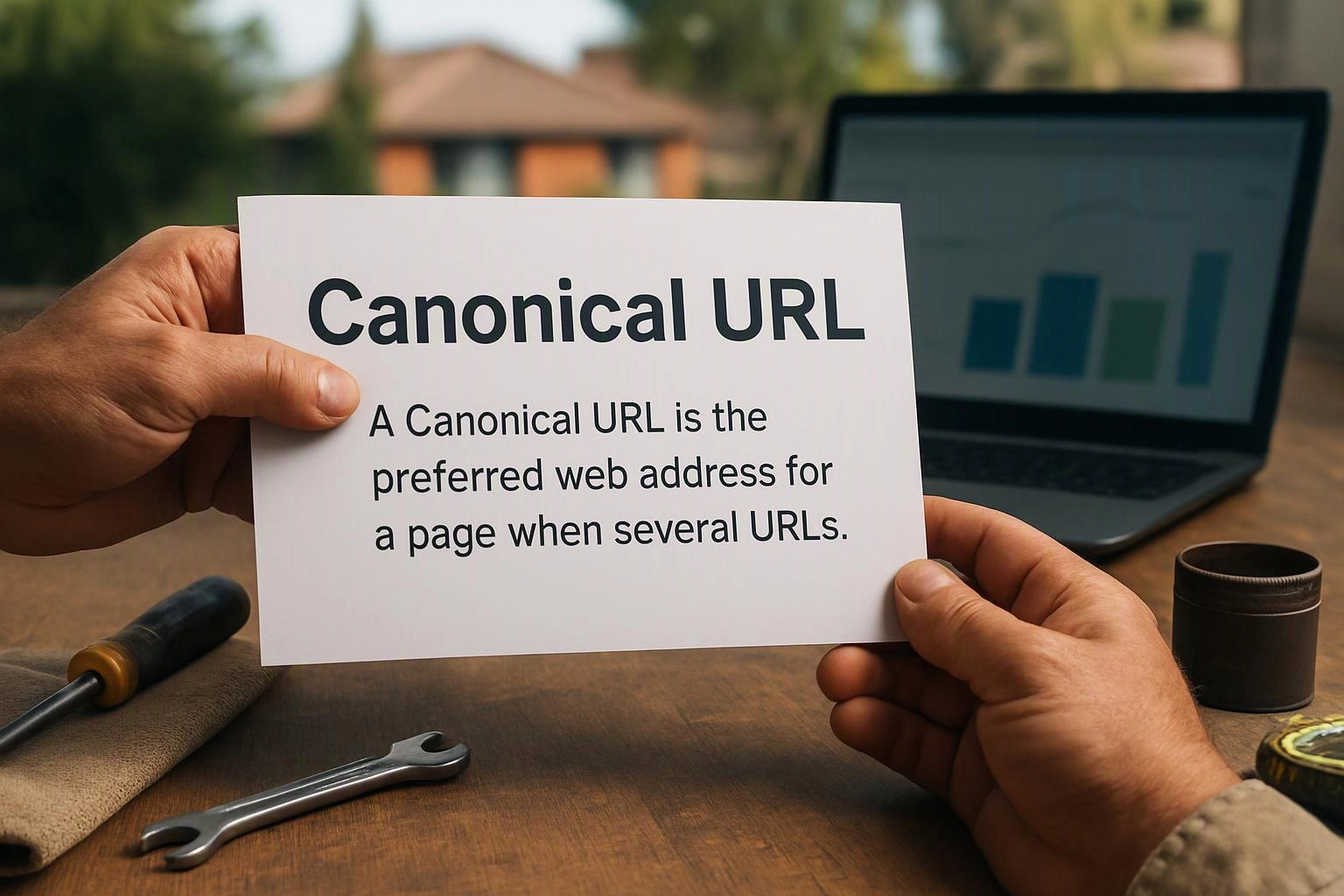Hands hold a card reading Canonical URL in front of a laptop on a wooden table