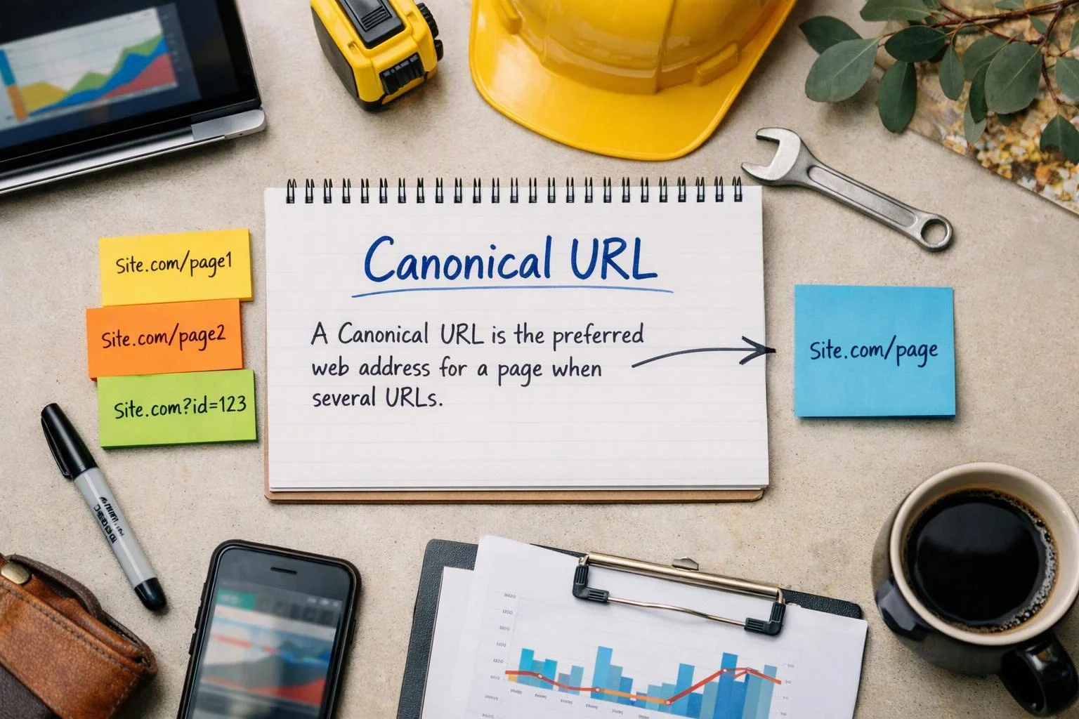 A desk flat lay shows a notebook about canonical URLs, with sticky notes, tools, a phone, charts, and coffee around it