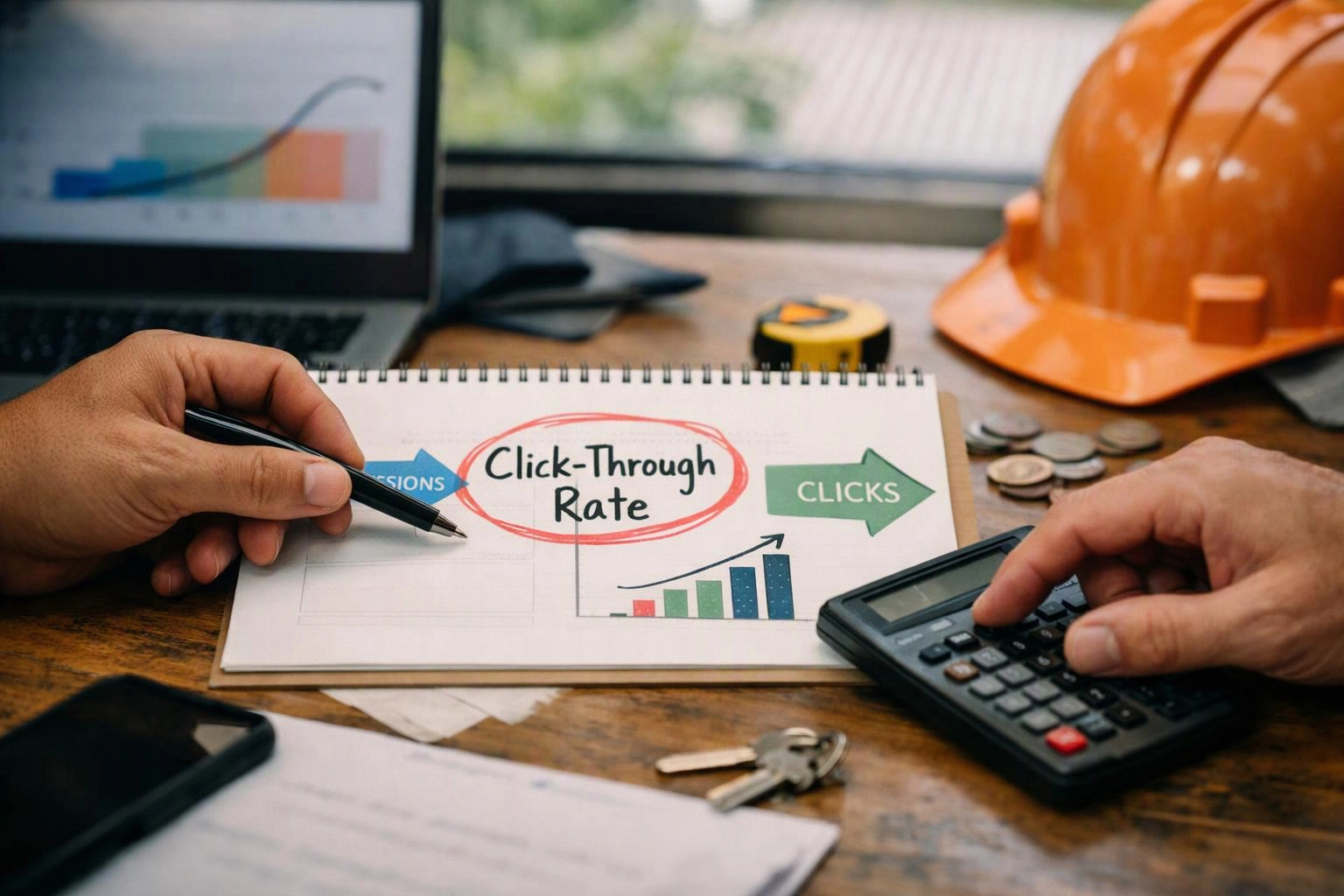 Hands write on a notebook with a click-through rate chart, calculator, hard hat, and laptop on a desk