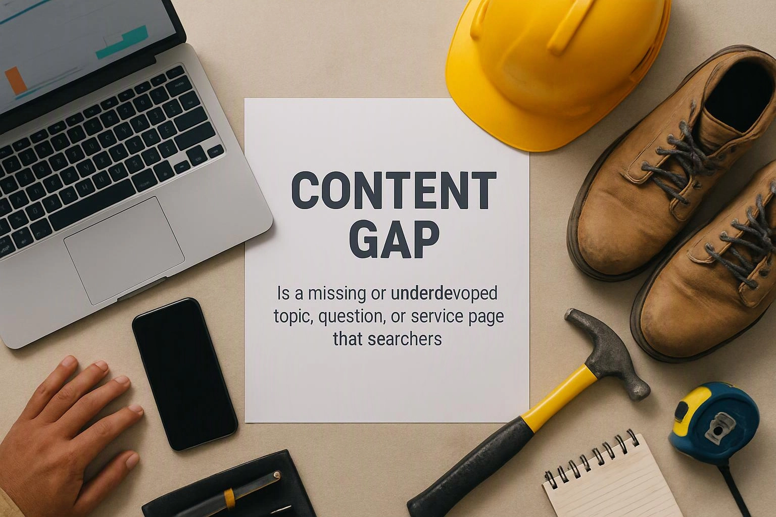 A desk flat lay shows a paper reading content gap, surrounded by a laptop, hard hat, boots, hammer, phone, notebook