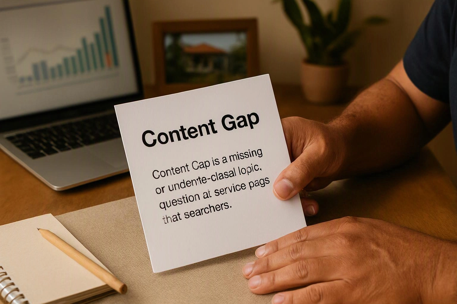 A person holds a card reading Content Gap beside a laptop, notebook, and pencil on a desk