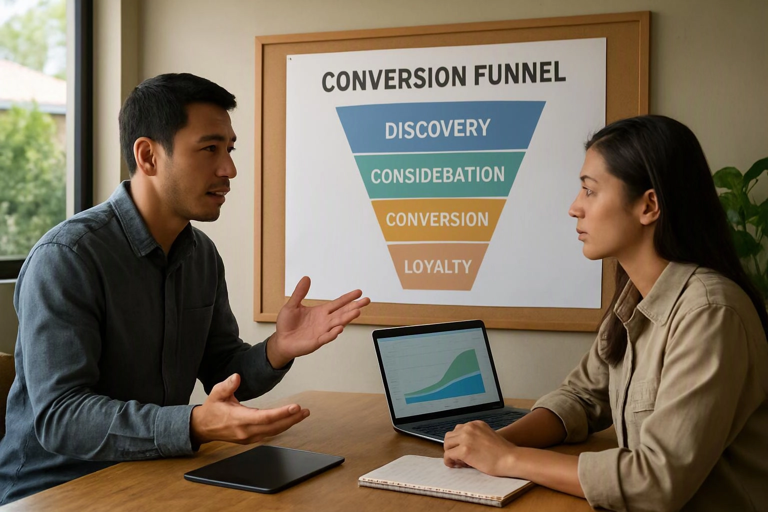 Two coworkers discuss a marketing chart at a table, with a funnel poster and laptop graphs behind them