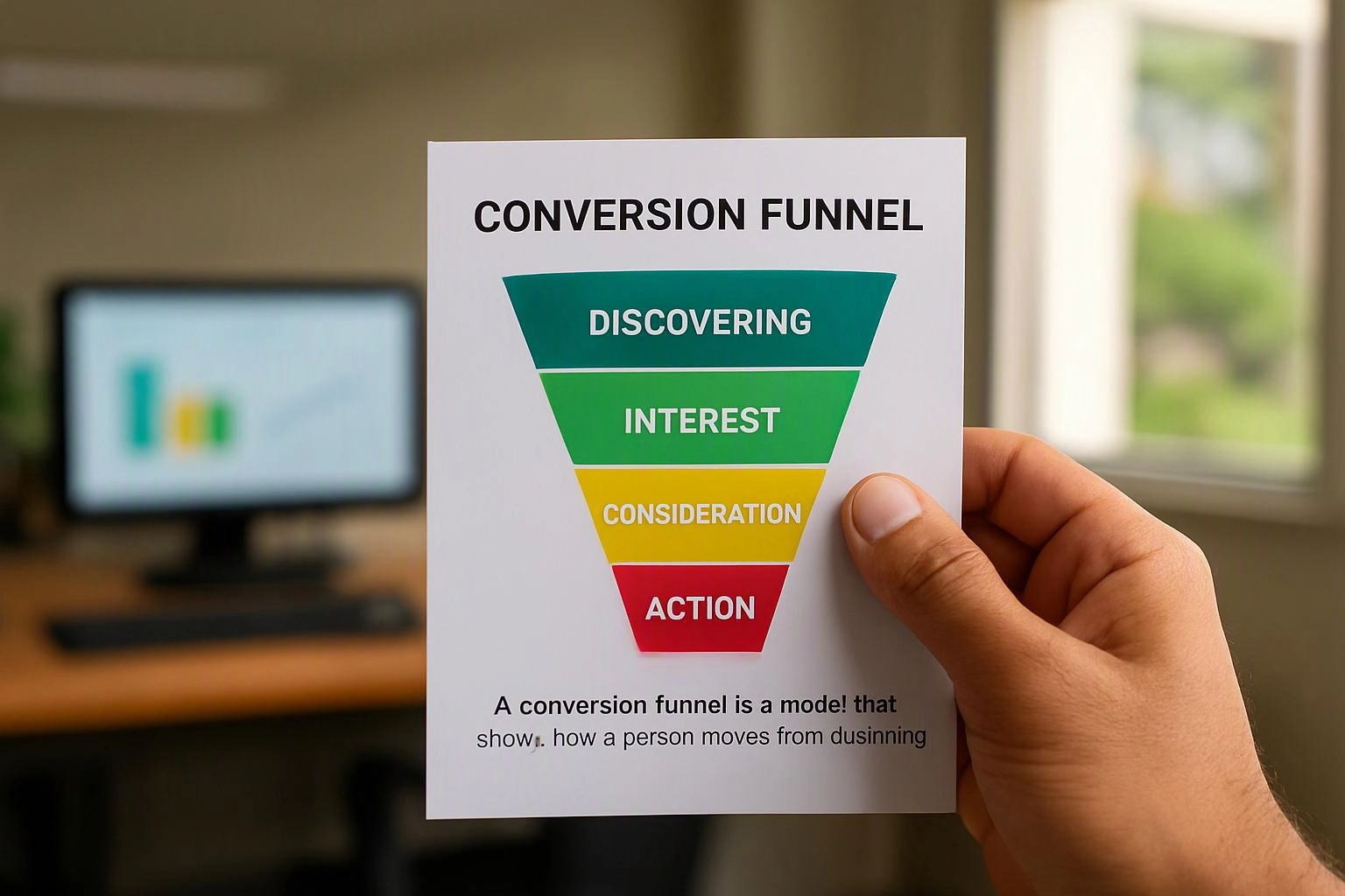 A hand holds a card showing a conversion funnel diagram with colored stages in an office setting