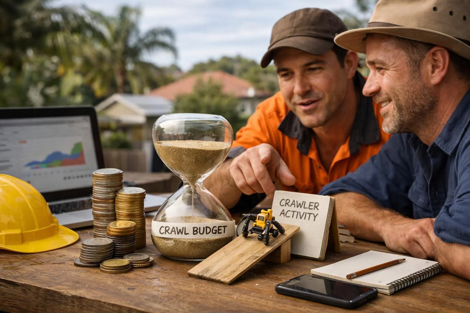Two men in work hats study a table with coins, an hourglass, a toy crawler, and a laptop outdoors