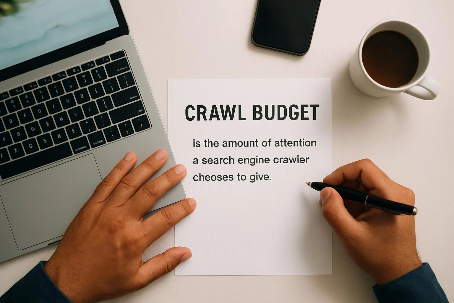 Hands write on a paper beside a laptop, phone, and coffee mug, with a crawl budget note visible