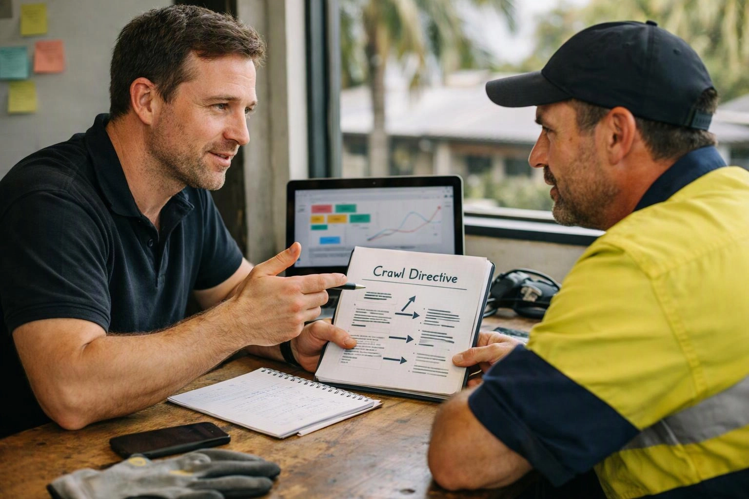 Two men discuss a document labeled “Crawl Directive” at a wooden table with a laptop and notebook nearby