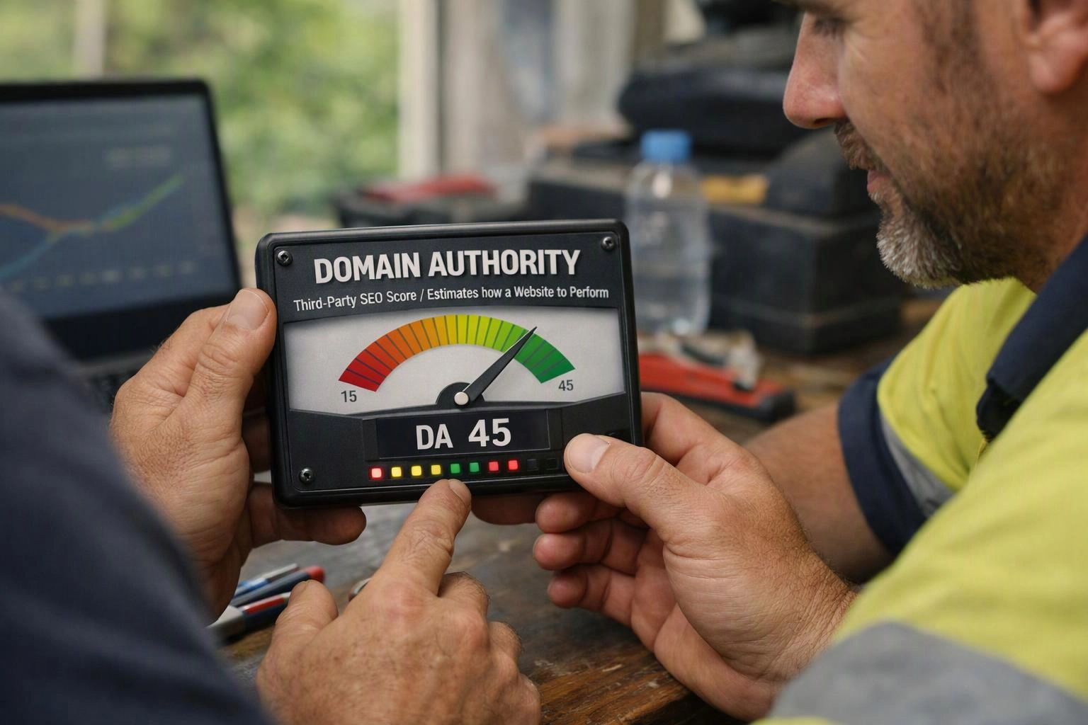 Two men examine a device showing a domain authority gauge