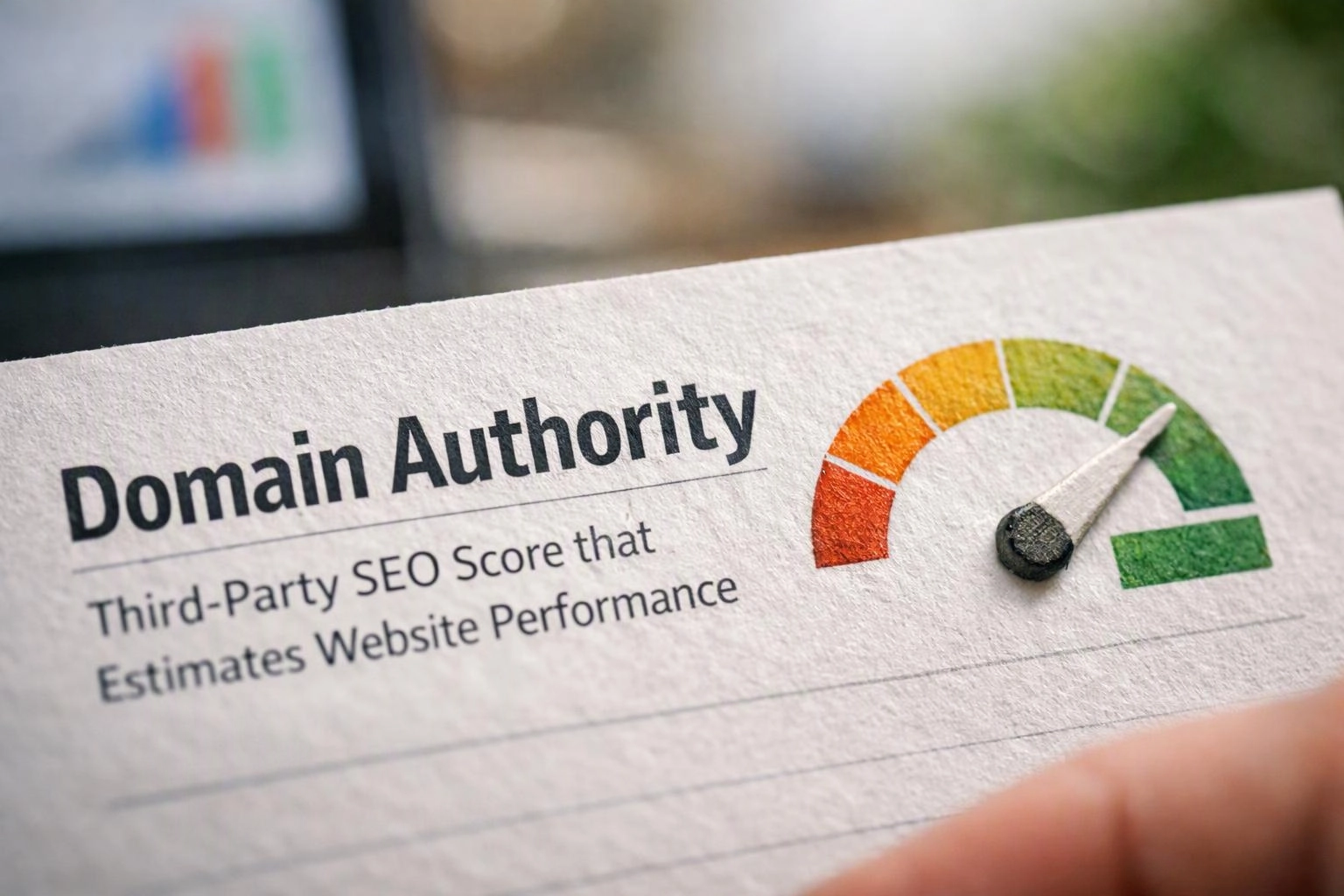 A printed page shows a domain authority gauge with a needle pointing into the green zone