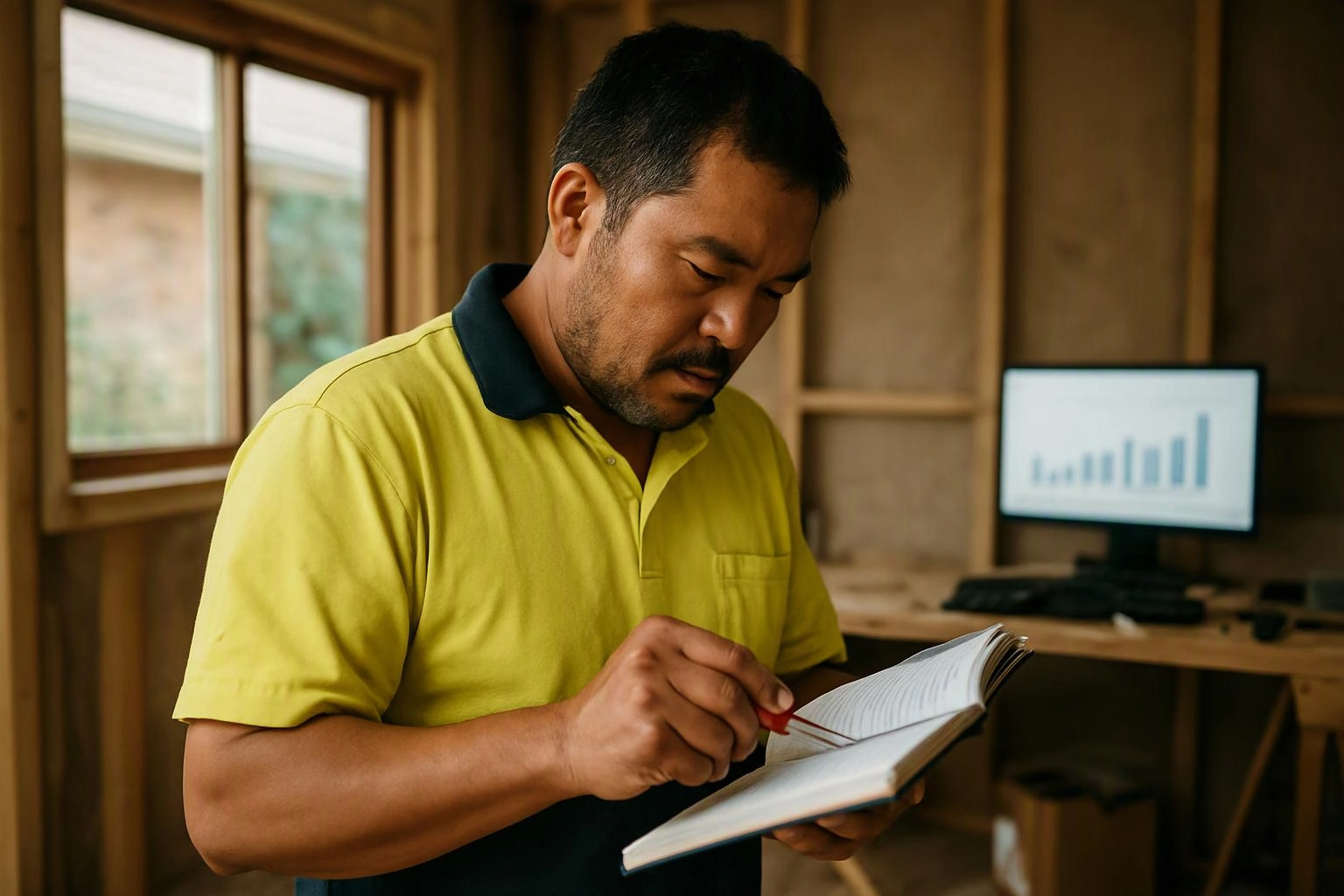 A man in a yellow shirt reads a notebook with a red pen in a wooden room near a computer monitor showing a bar chart