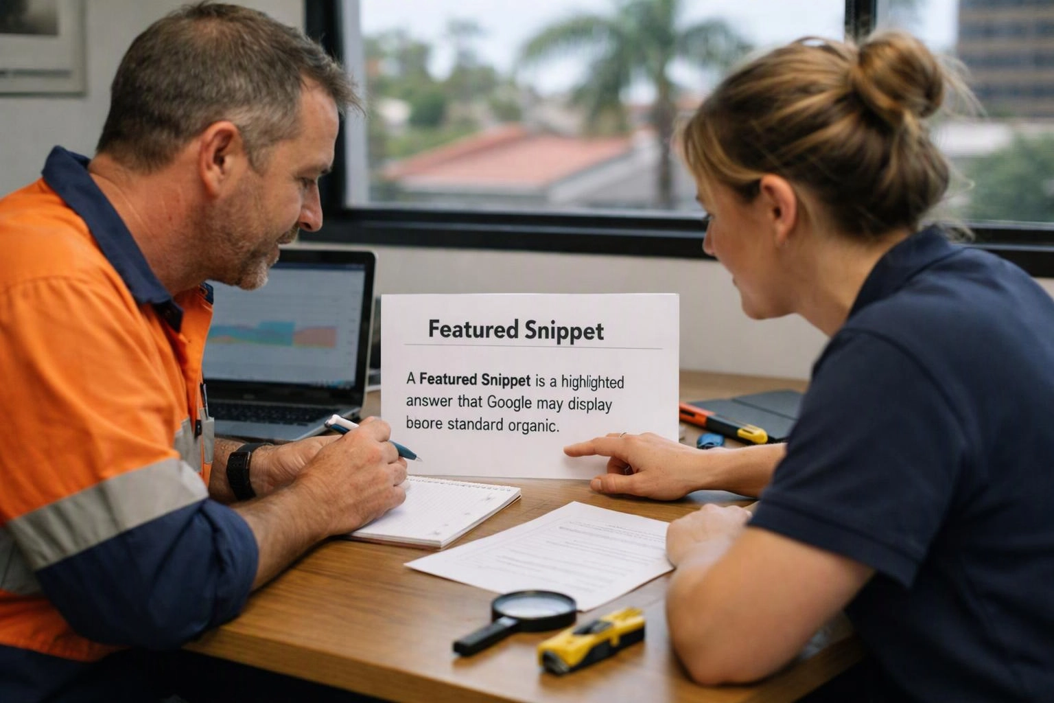 Two coworkers lean over a desk, pointing at a sign that reads Featured Snippet in an office with laptops and papers