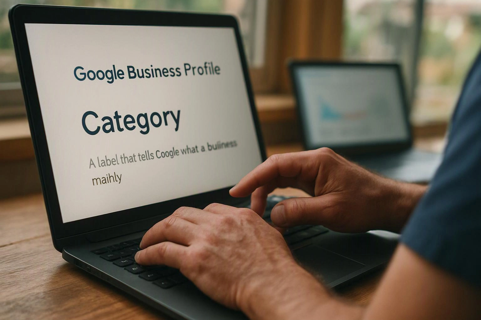 Hands type on a laptop showing a Google Business Profile page about category on a wooden desk