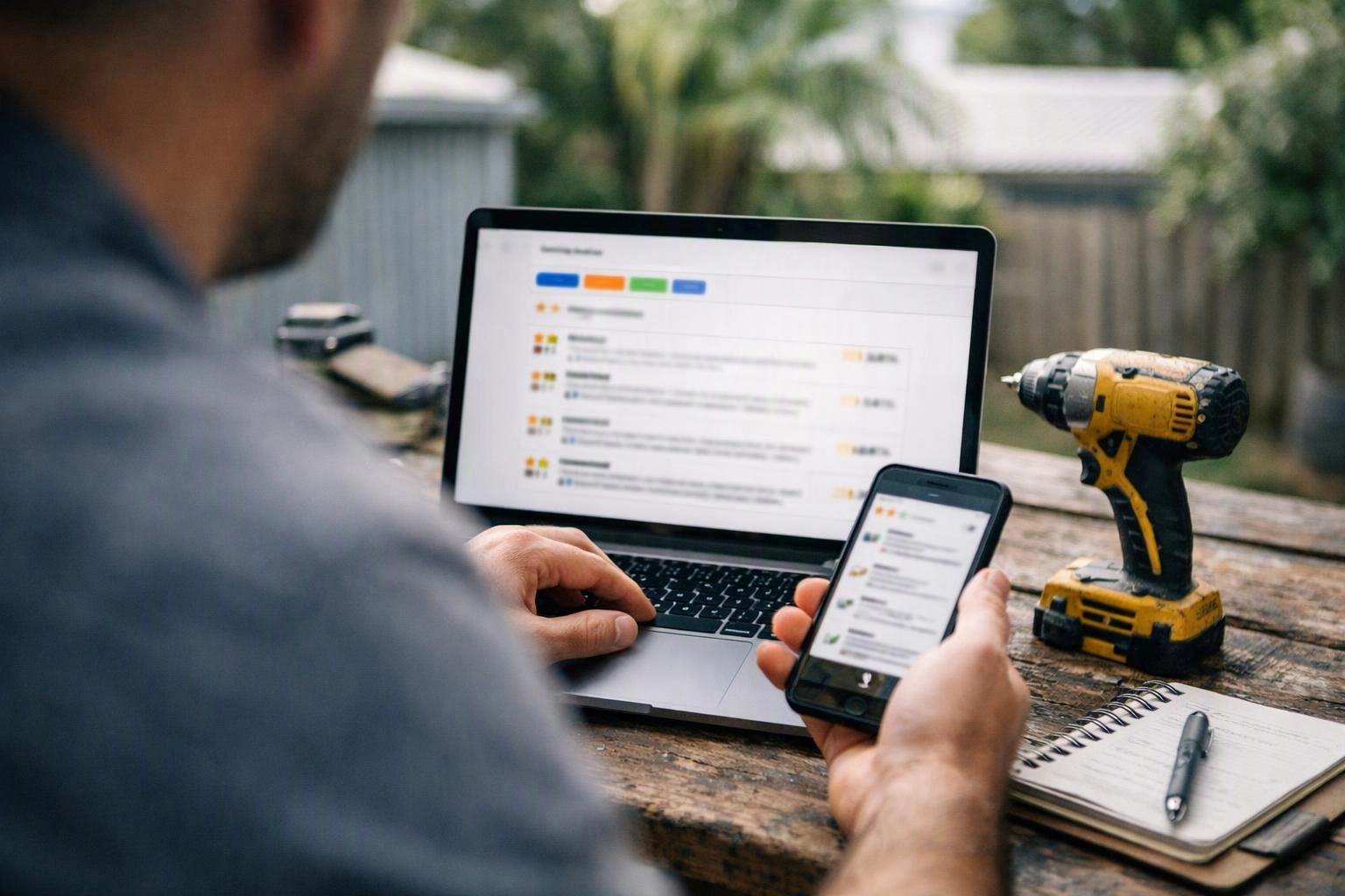 A person uses a laptop and phone beside a cordless drill on a weathered outdoor worktable
