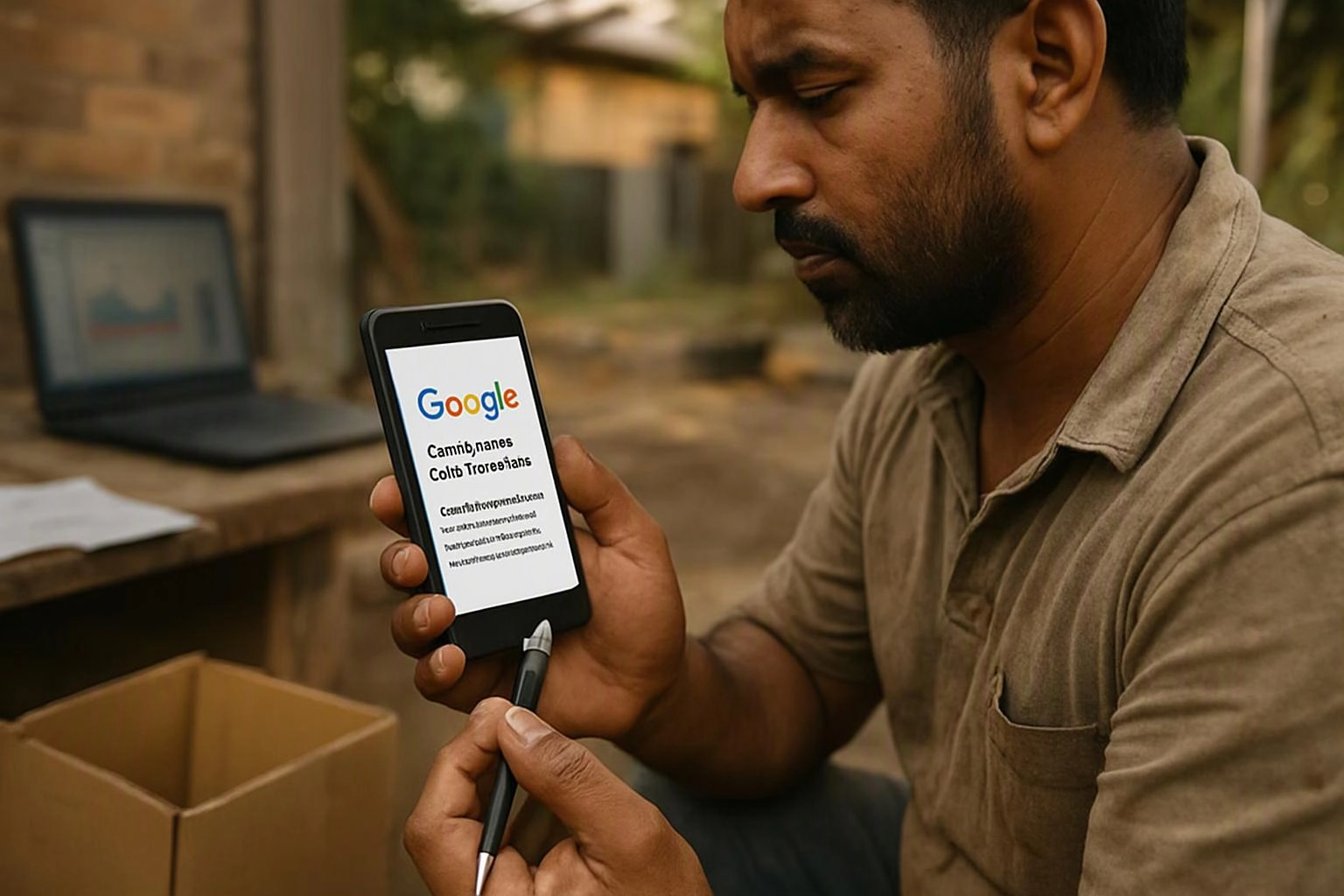 A man studies a smartphone with a Google page while holding a pen beside a box and laptop outdoors
