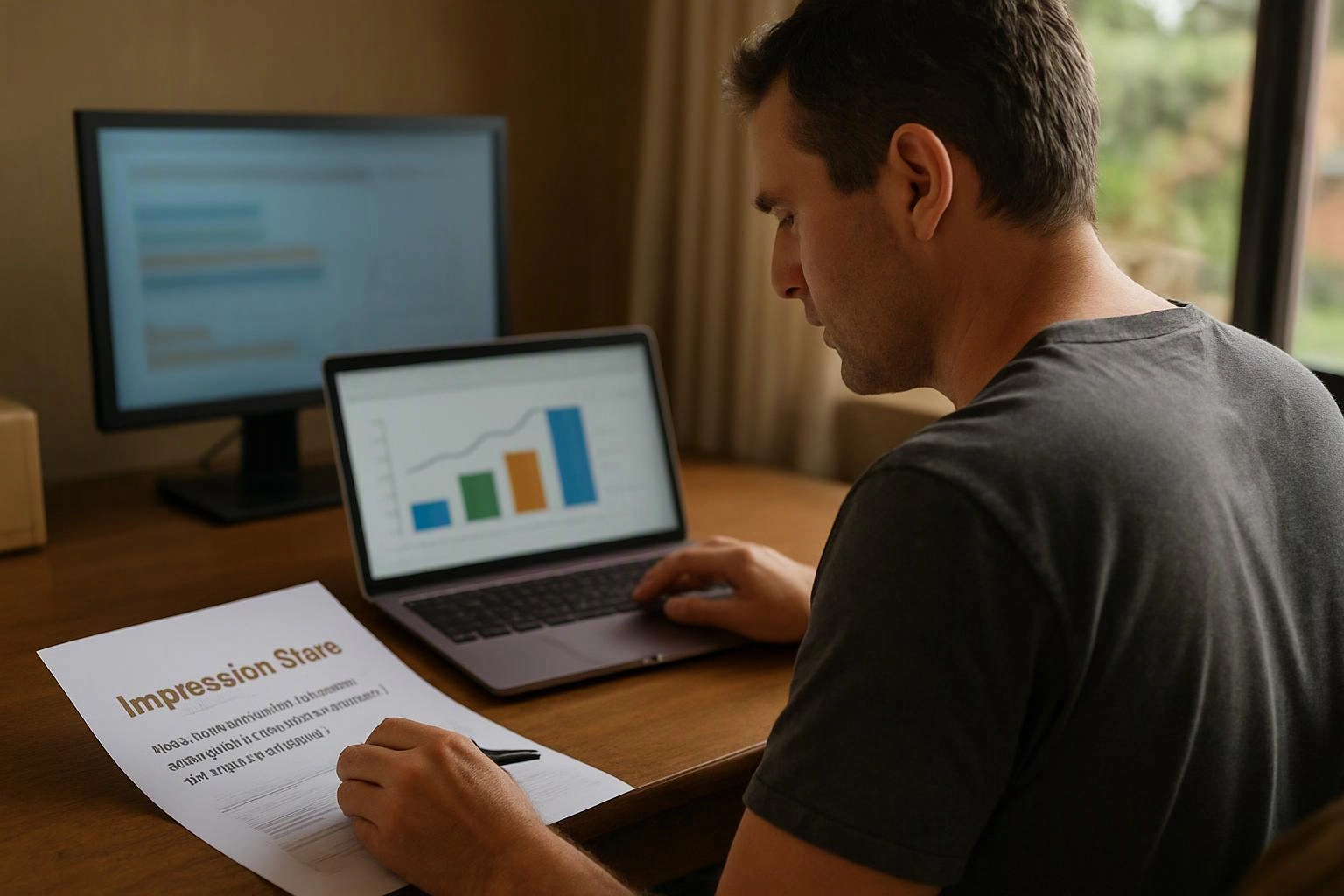 A man sits at a desk, reviewing a chart on a laptop and writing on a printed report