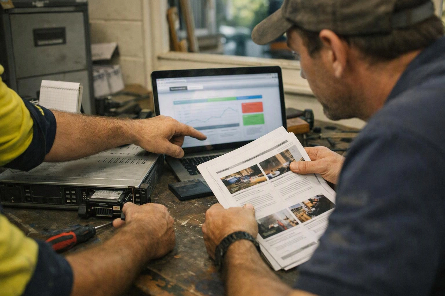 Two men review a laptop chart and printed pages beside computer hardware on a cluttered workbench