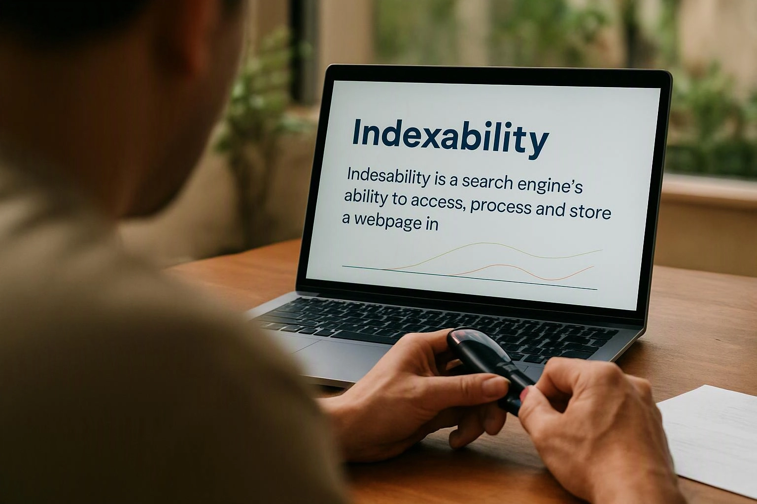 A person sits at a desk, holding a small device while a laptop shows a slide about indexability