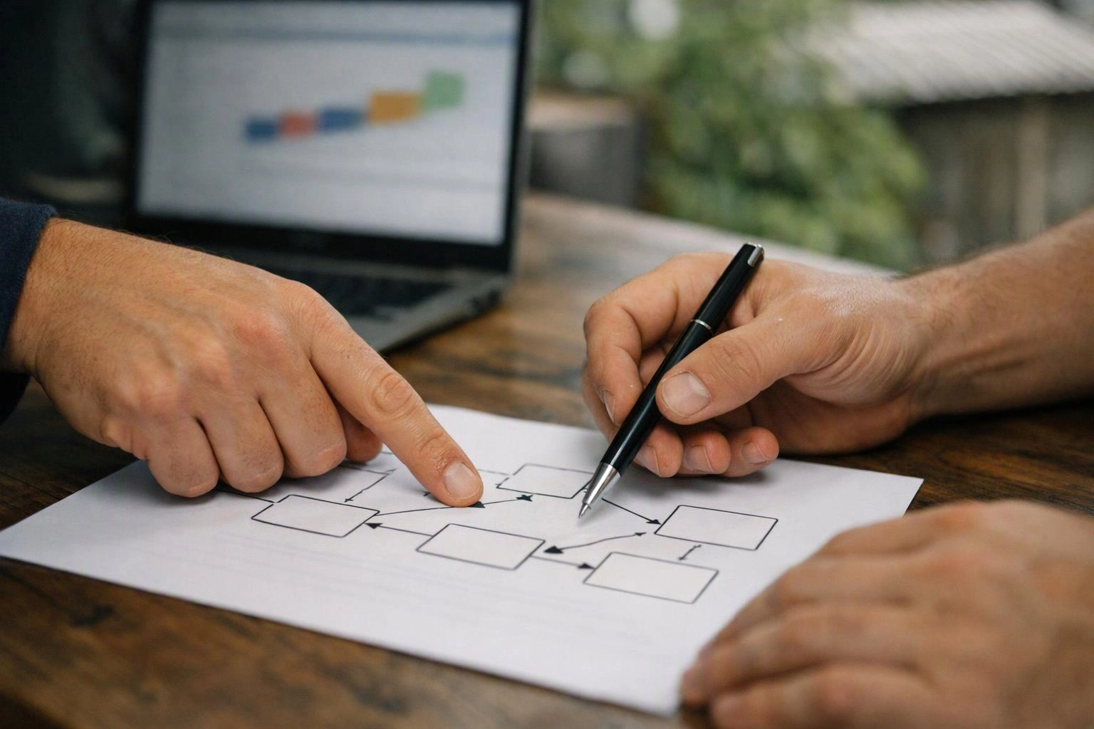 Two hands point and write on a printed flowchart beside a laptop on a wooden table