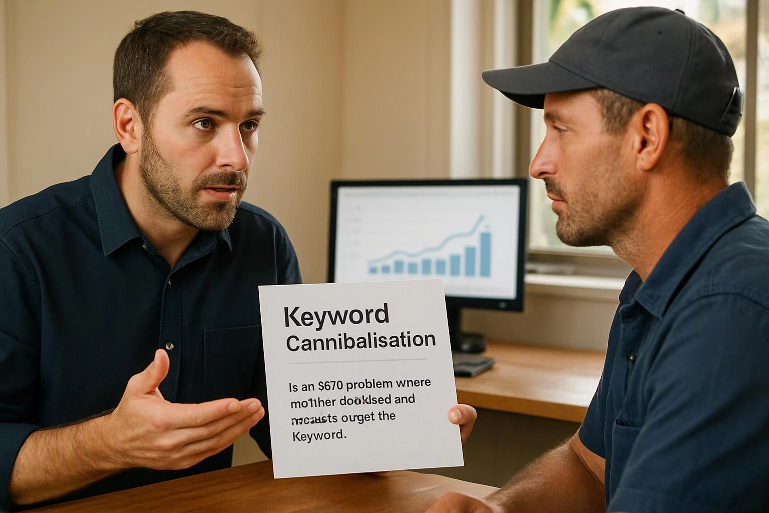 Two men in navy shirts discuss a printed page about keyword cannibalisation beside a desk with a chart on a monitor