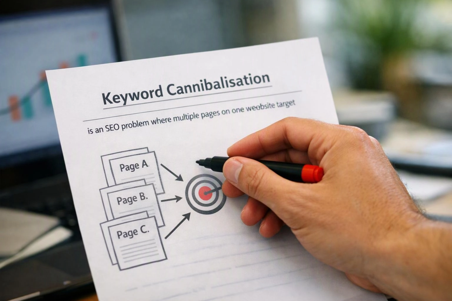A hand points a pen at a worksheet titled Keyword Cannibalisation with page boxes and arrows to a target icon