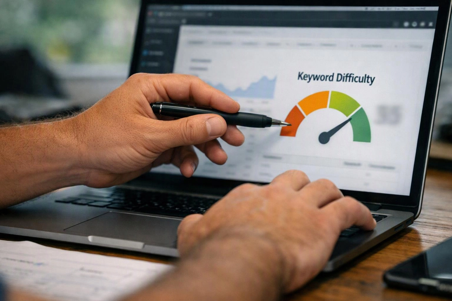 Hands point at a laptop screen showing a keyword difficulty gauge and chart on a wooden desk