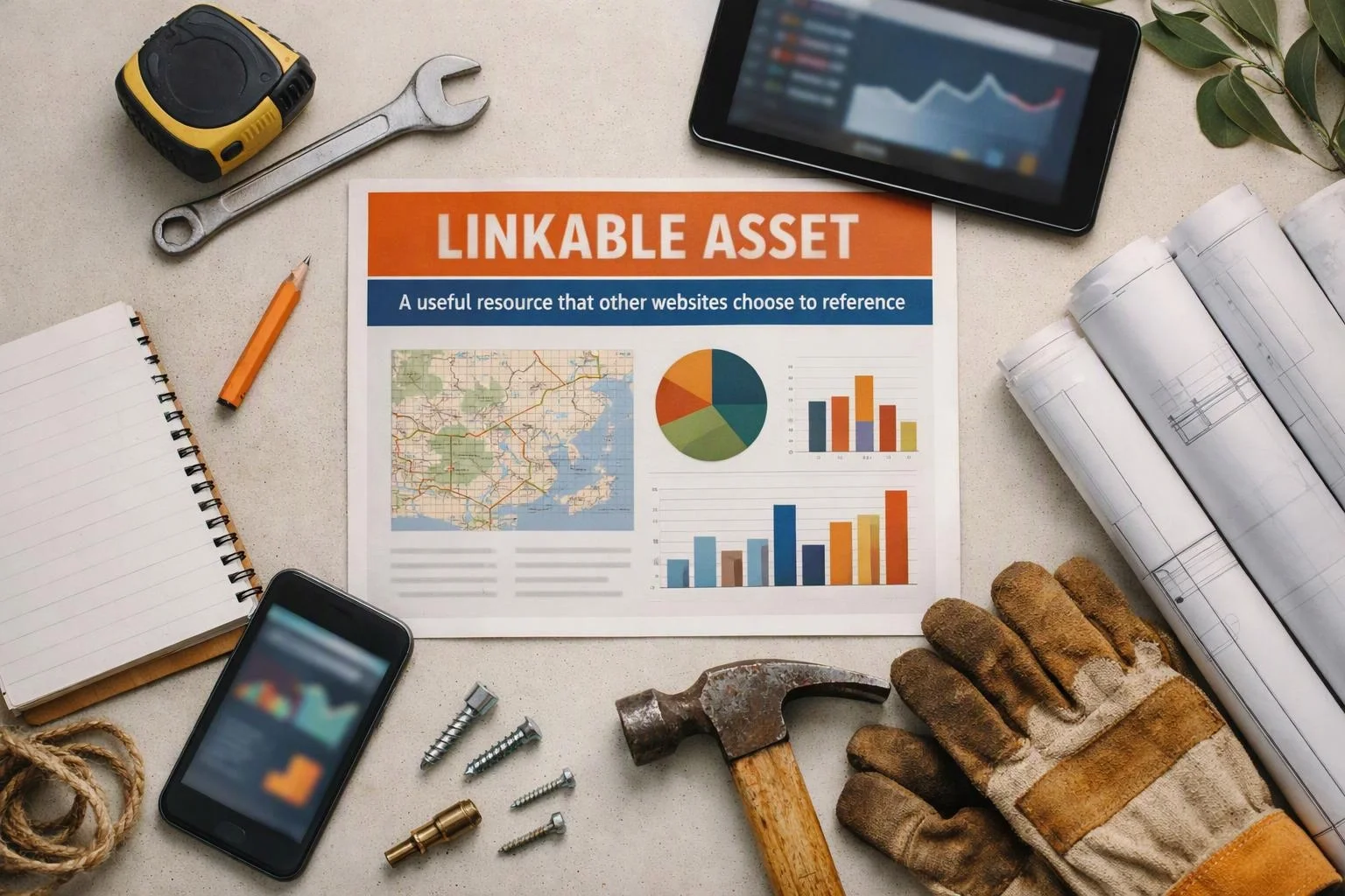 A desk flat lay shows a linkable asset flyer surrounded by tools, phones, gloves, notebook, and rolled plans