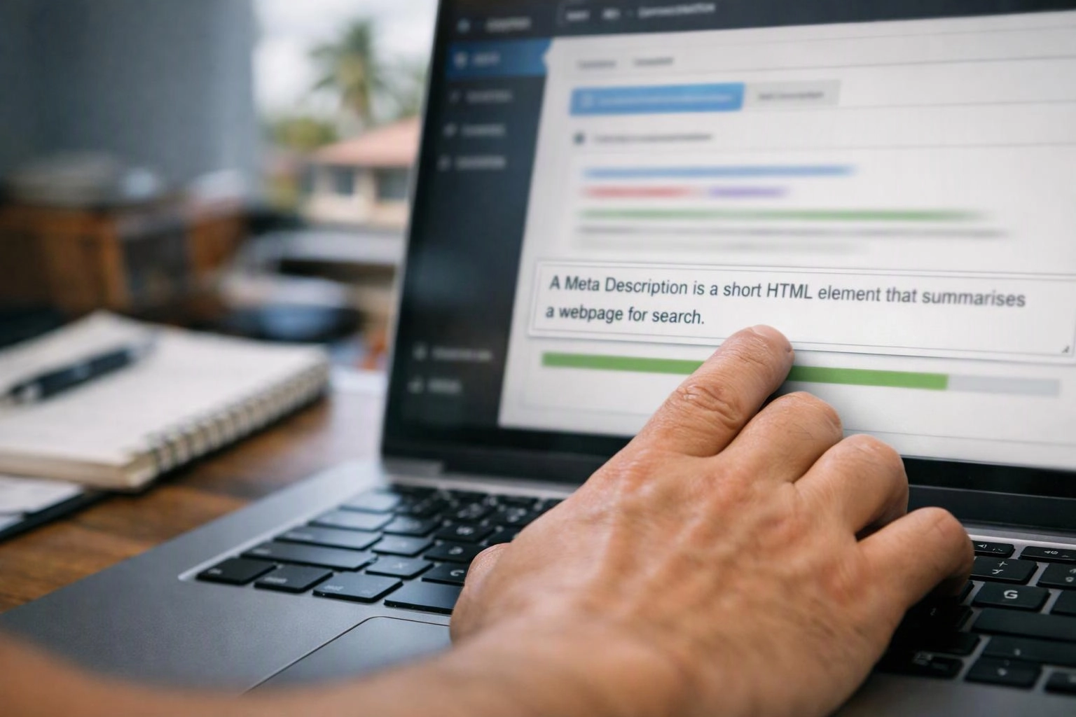A hand points at a laptop screen showing a meta description editor on a desk