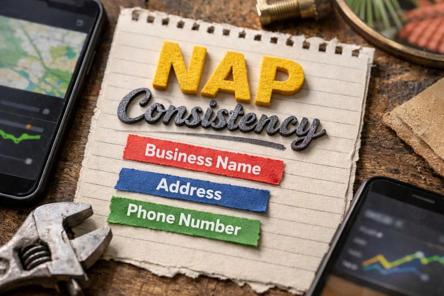 Notebook page with the word NAP consistency and colored labels for business name, address, and phone number