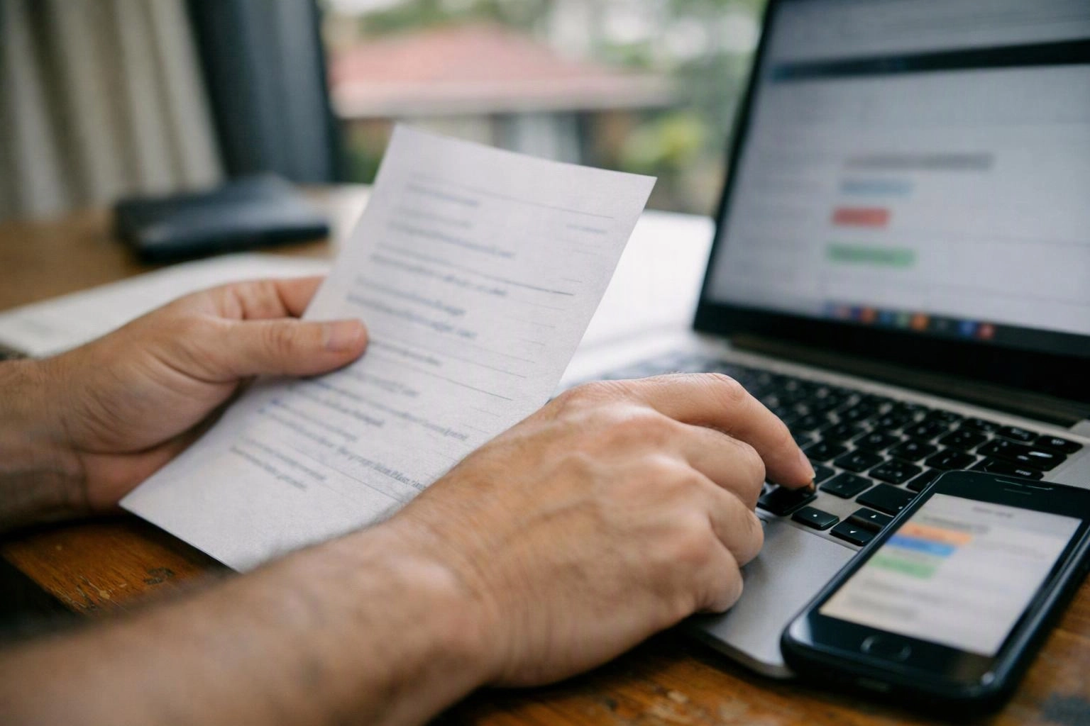 Hands type on a laptop beside a blurred paper document and a smartphone on a wooden desk