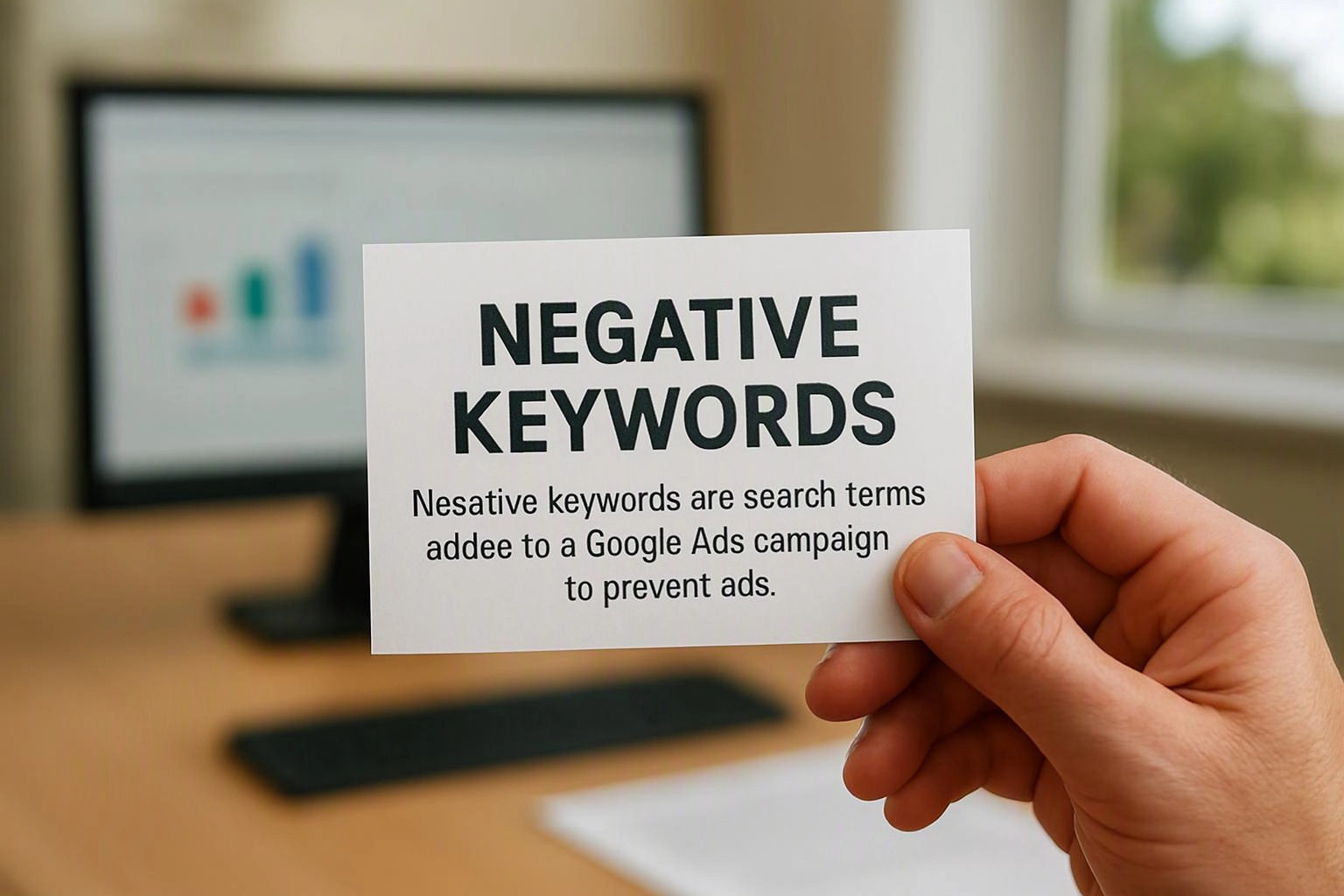 A hand holds a card reading “NEGATIVE KEYWORDS” in front of a blurred desk and computer monitor