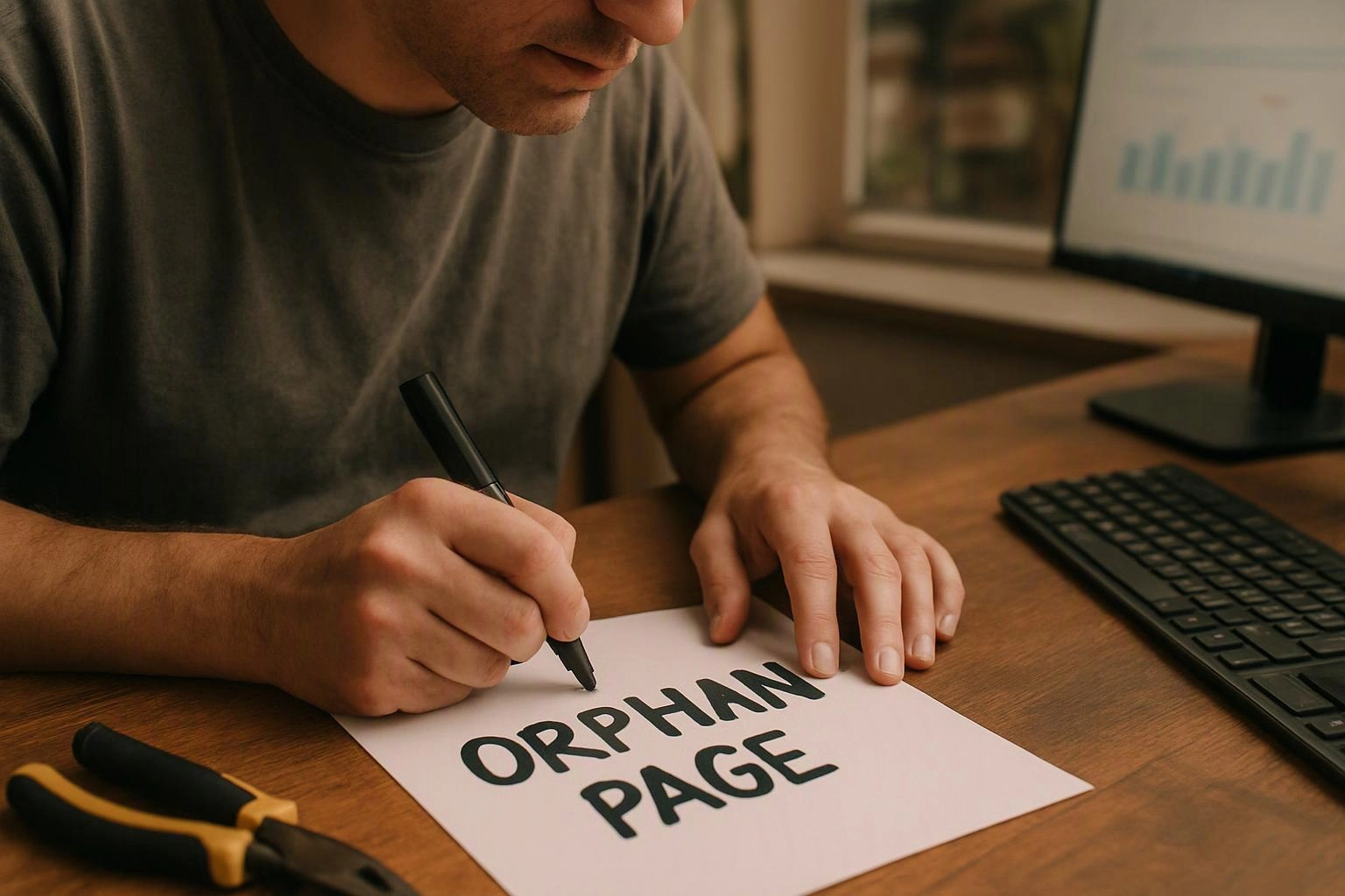 A man writes on paper labeled "ORPHAN PAGE" at a wooden desk beside a keyboard and monitor