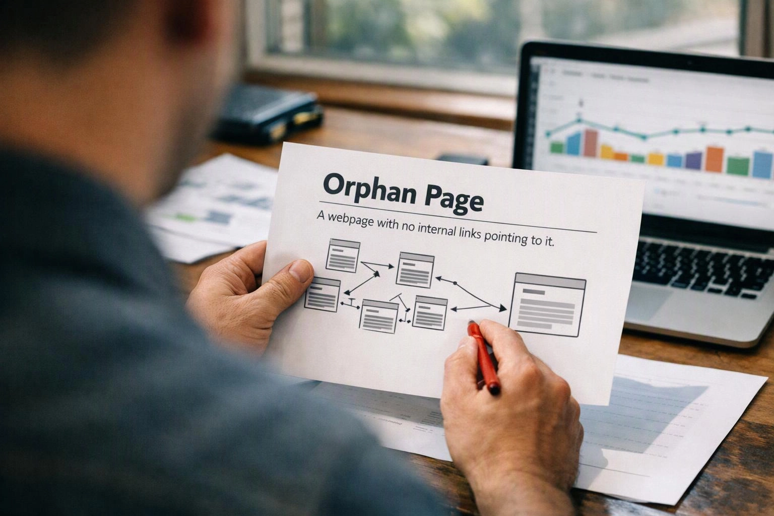 A person holds a sheet titled “Orphan Page” while pointing at linked page diagrams beside a laptop chart on a desk