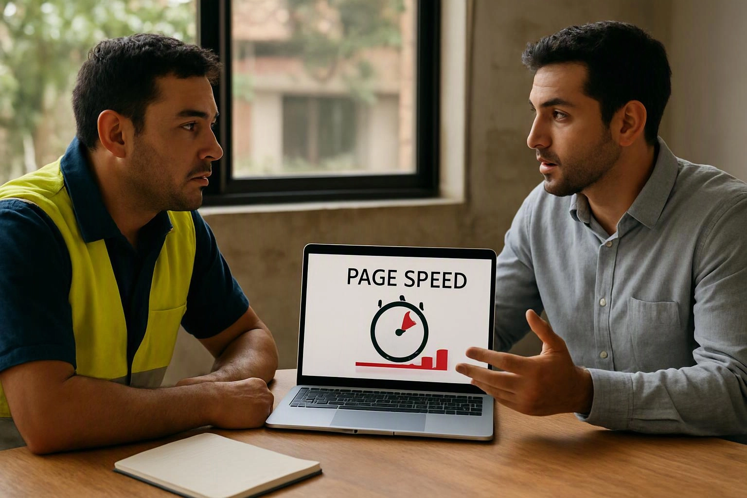 Two men sit at a table, talking over a laptop that shows “PAGE SPEED” with a stopwatch graphic