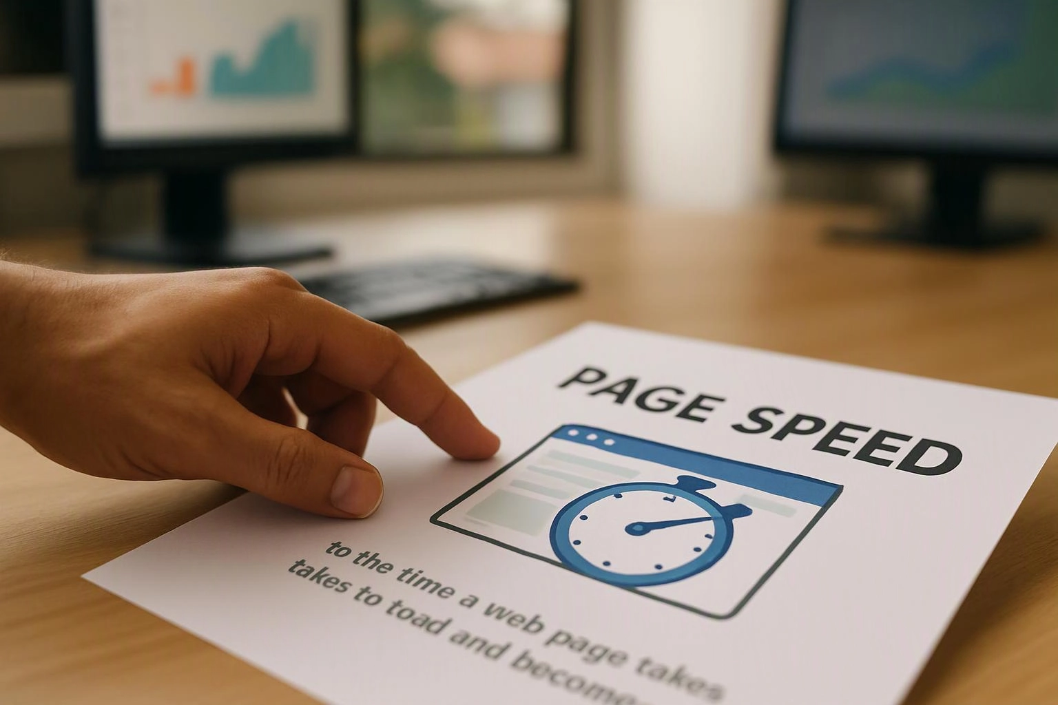 A hand points at a paper showing “PAGE SPEED” and a browser icon with a stopwatch on a desk