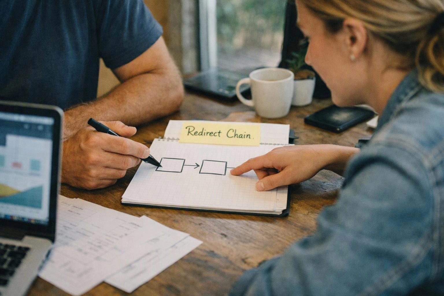 Two people point at a notebook flowchart labeled “Redirect Chain” on a wooden table with a laptop and coffee mug