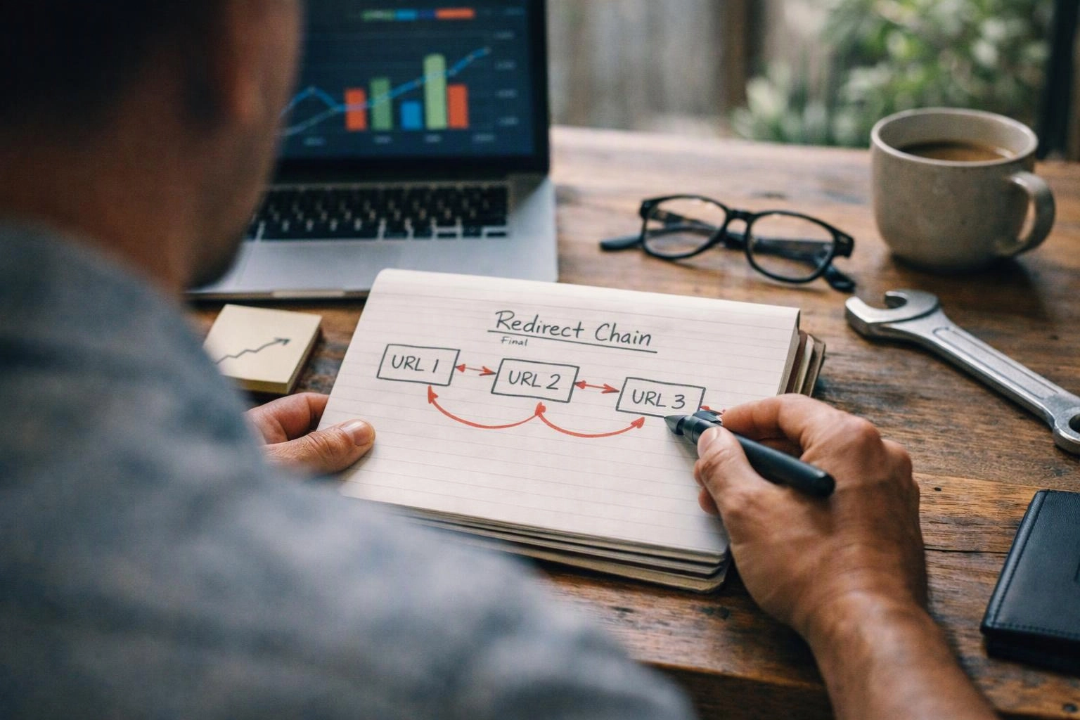 A person sketches a redirect chain diagram in a notebook beside a laptop, coffee mug, glasses, and wrench on a wooden desk