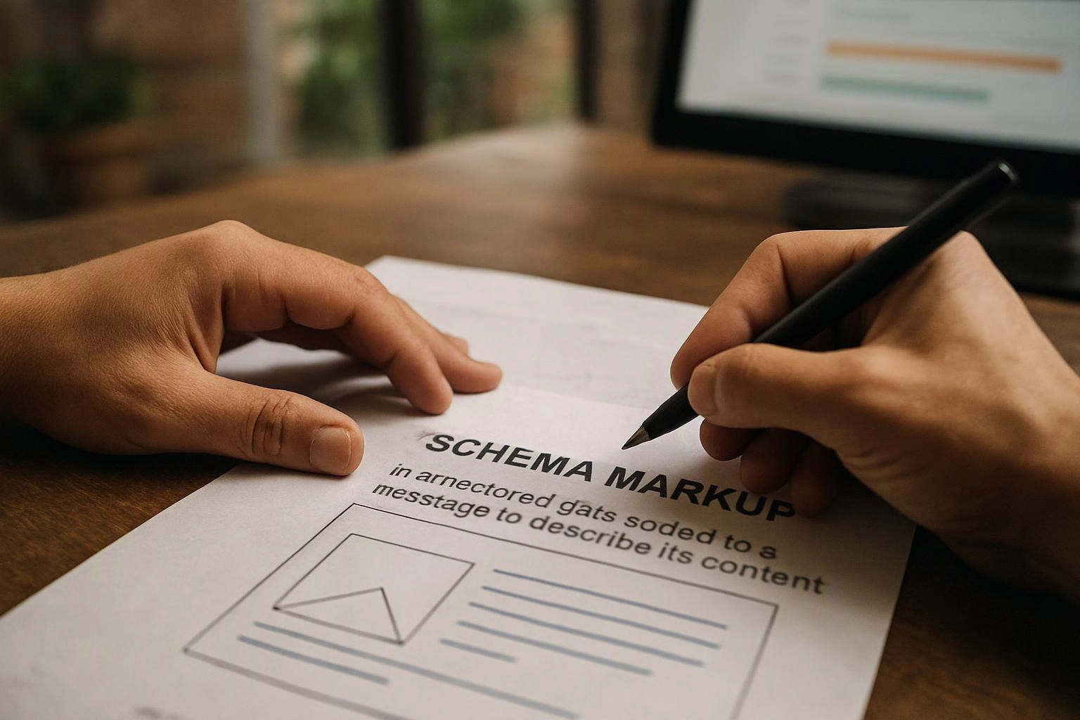 Hands write on a paper labeled “SCHEMA MARKUP” beside a desk monitor in a warm office setting