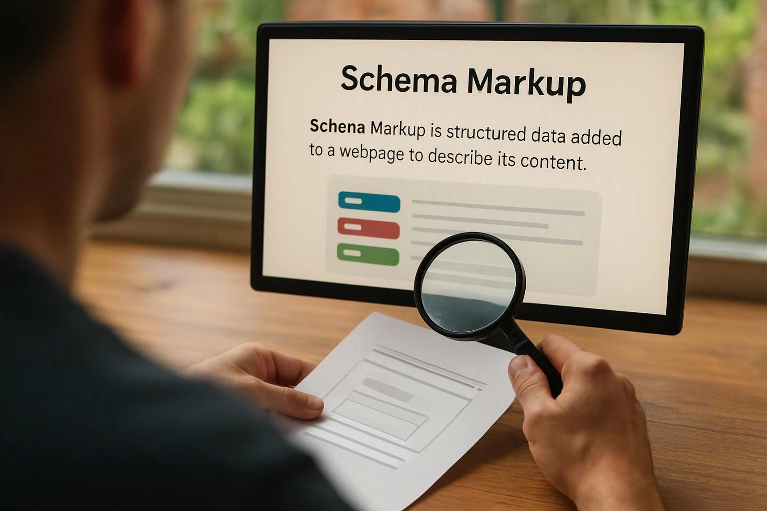 A person studies a web page graphic on a monitor with a magnifying glass over a paper printout