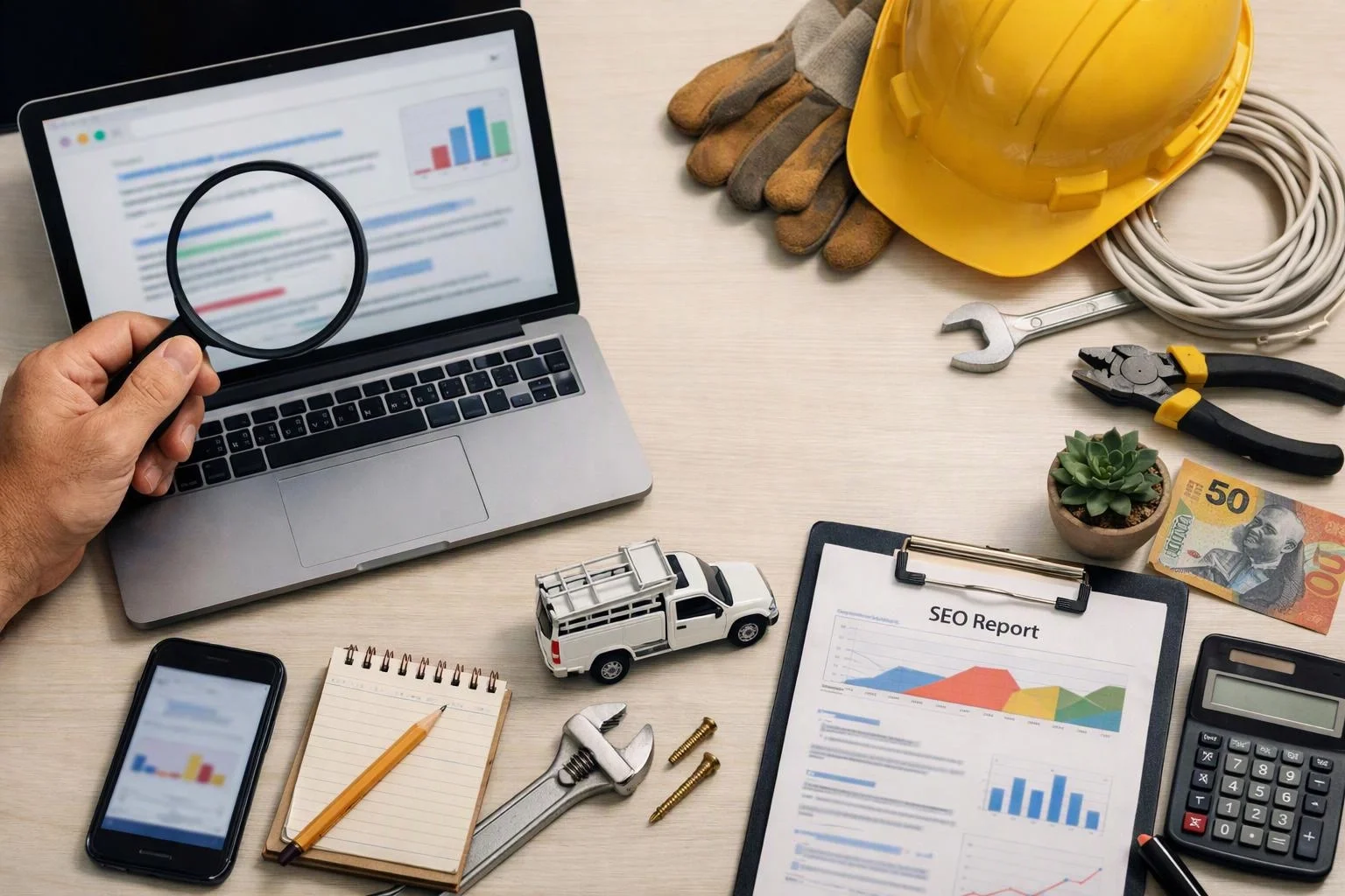 A hand holds a magnifying glass over a laptop screen beside tools, a hard hat, and an SEO report clipboard